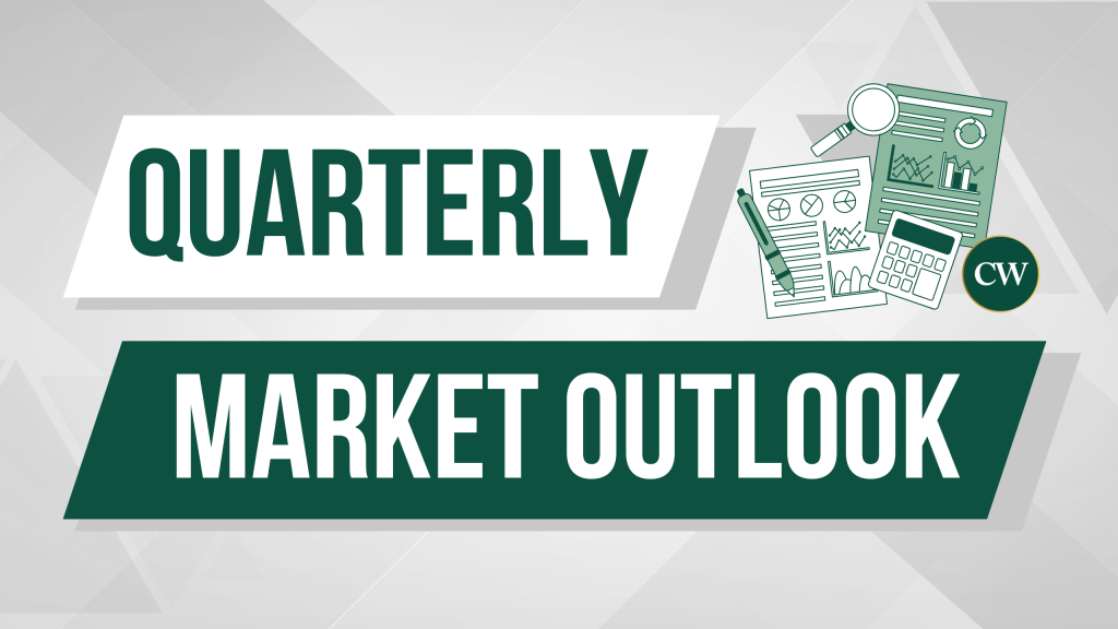 Text reading "Quarterly Market Outlook" with icons of documents, a pen, a magnifying glass, and a calculator on a light geometric background.