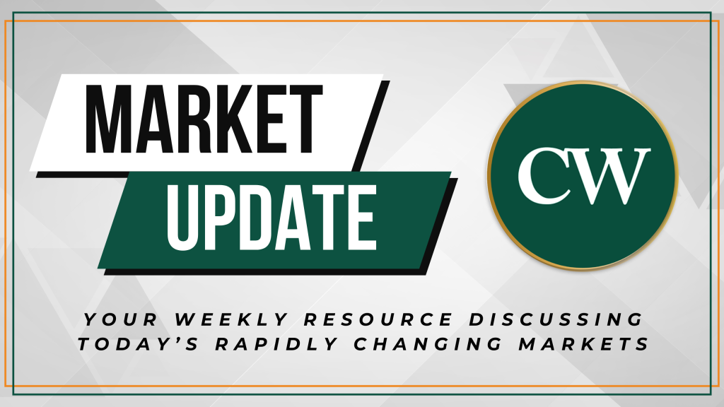 Market Update graphic with bold text "MARKET UPDATE" and a circular logo containing the letters "CW." Below, a tagline reads "Your weekly resource discussing today's rapidly changing markets." The background features a subtle geometric pattern with a double border in green and orange.