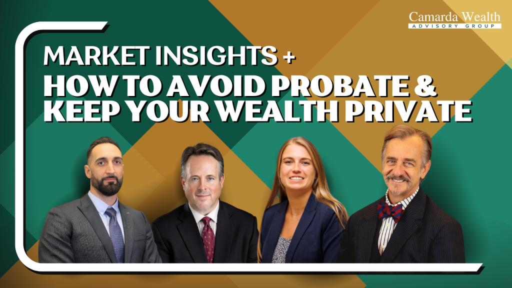 Four professionally dressed individuals stand in front of a green and gold geometric background. The text reads "Market Insights + How to Avoid Probate & Keep Your Wealth Private." The top right corner features the logo for Camarda Wealth Advisory Group.